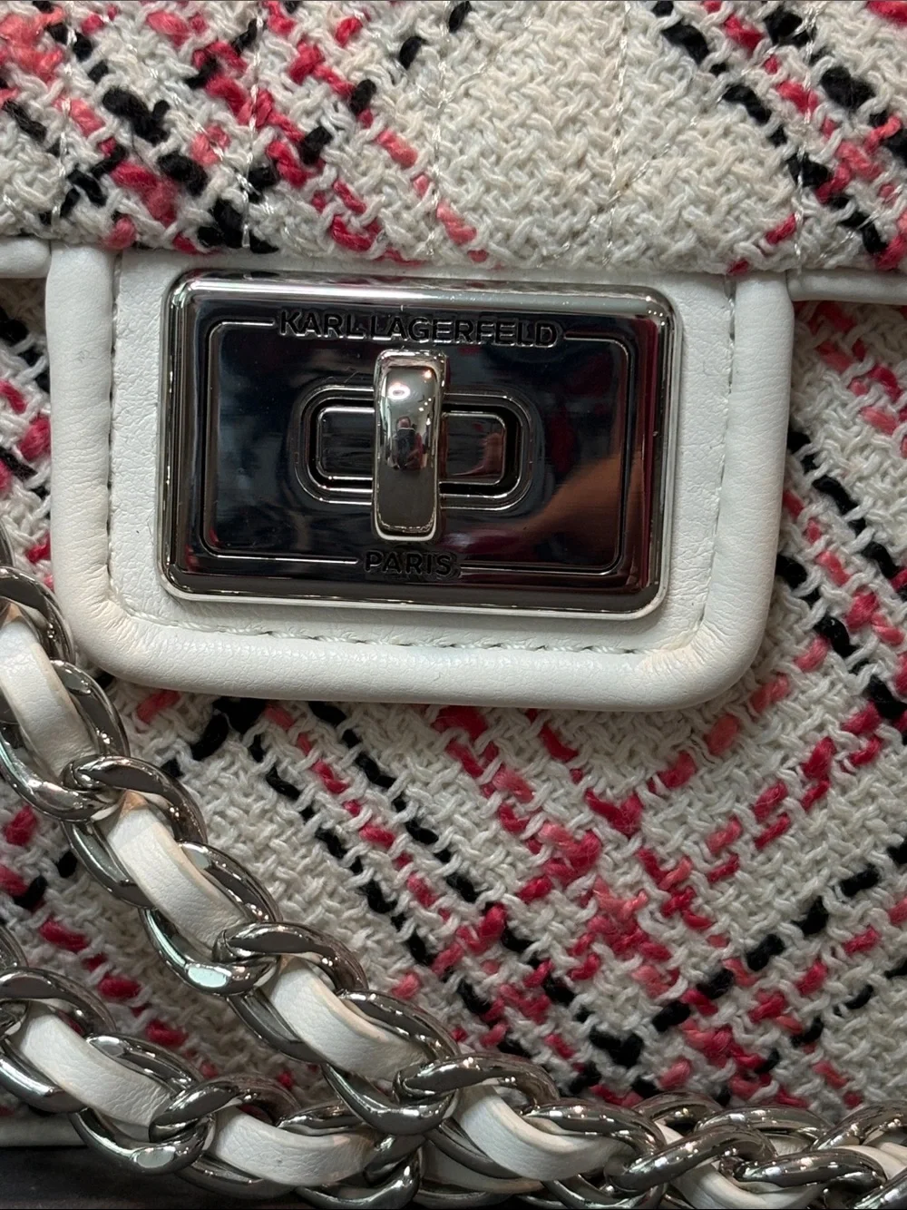 Karl Lagerfeld Tweed Shoulder Bag with Pink Plaid